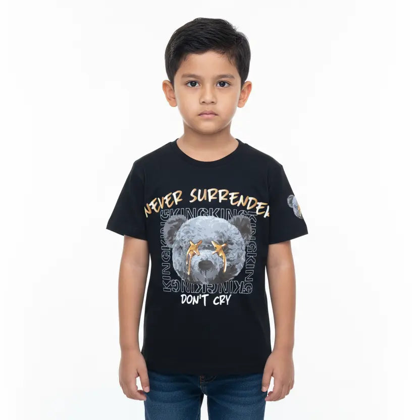 Child wearing a black t-shirt with a graphic design and text on a white background