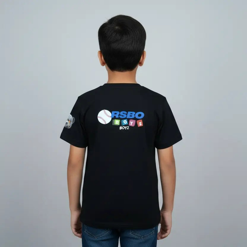 Person wearing a black t-shirt with colorful text and logos on the back against a gray background